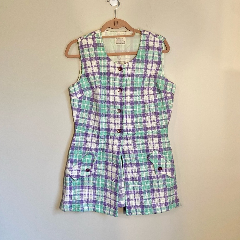 *VINTAGE* 60s Coordinates Sleeveless Plaid Mod Vest Top Medium